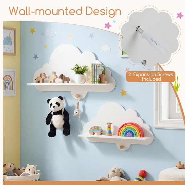 White floating cloud shelves for kids' room storage, wall-mounted display rack, stylish and functional decor.
