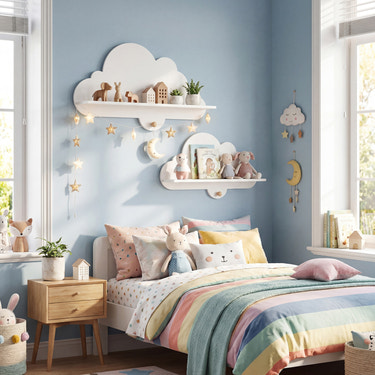 White floating cloud shelves for kids' room, wall-mounted storage display rack, 2-piece set.