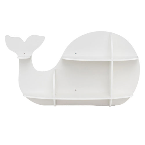 Floating dolphin shelves for kids' room, wall-mounted storage display rack in playful design.