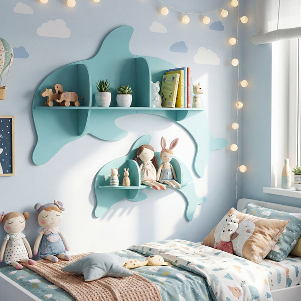Floating dolphin shelves for kids' room, wall-mounted storage display rack, angle view.