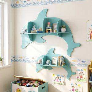 Floating dolphin shelves for kids' room, wall-mounted storage display rack, playful design, angle view.
