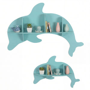 Floating dolphin shelves for kids' room, wall-mounted storage display rack, playful decor for baby spaces.