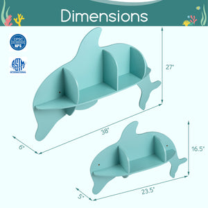 Floating dolphin shelves for kids' room, wall-mounted storage display rack, playful design, angle view.