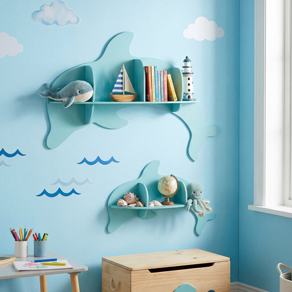 Floating dolphin shelves for kids' room, wall-mounted storage display rack, playful design, angle view.