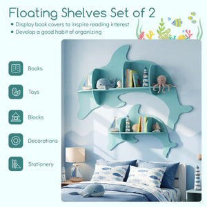 Floating dolphin shelves for kids' room, wall-mounted storage display rack, playful design, angle view.