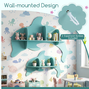 Floating dolphin shelves for kids' room, wall-mounted storage display rack in playful design.
