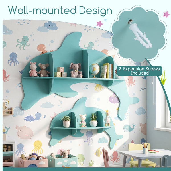 Floating dolphin shelves for kids' room, wall-mounted storage display rack in playful design.