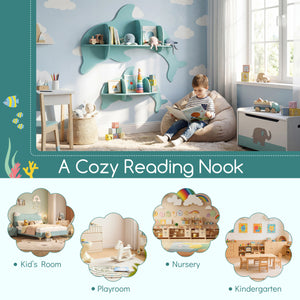Floating dolphin shelves for kids' room, wall-mounted storage display rack in playful design.