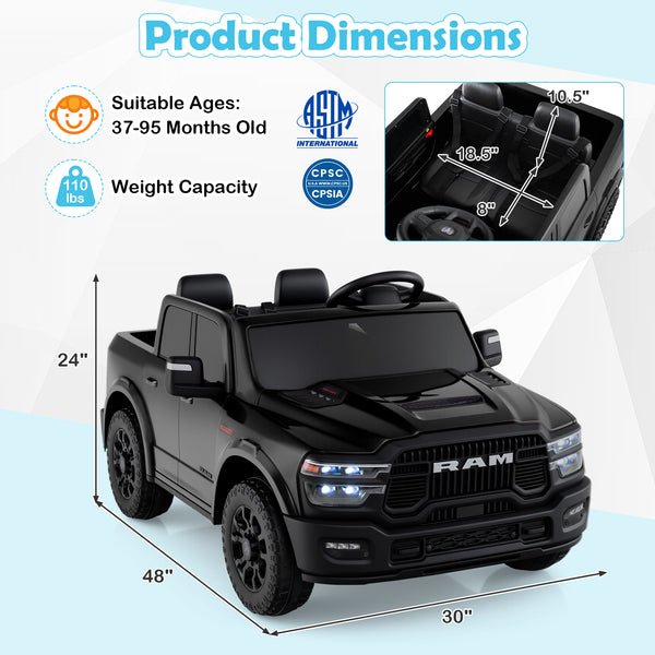 2 Seater 24V Ride on Toy for Big Kids Licensed Ram Truck with Remote and Music