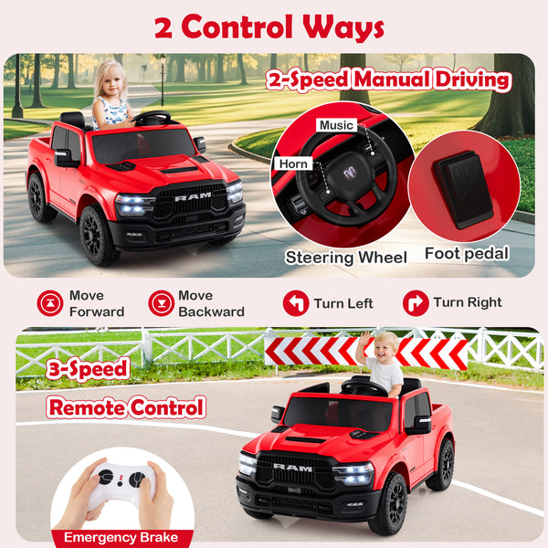 2 Seater 24V Ride on Toy for Big Kids Licensed Ram Truck with Remote and Music