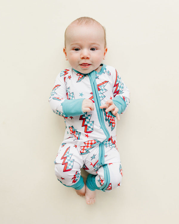 Bamboo Zip Romper | Checkered Bolts - MOOGCO Baby
