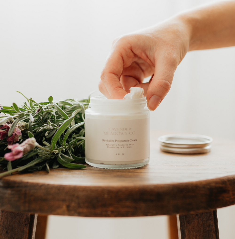 Revitalize Postpartum Cream 4oz - Nourishing body care for new moms, promoting skin recovery and hydration.