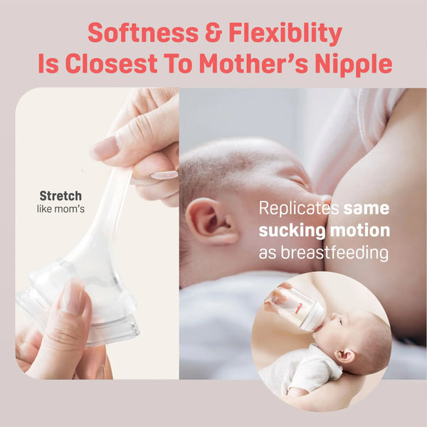 Glass wide neck baby bottles, 8.1 oz, 2-pack for 3+ months, angled view showcasing design and features.