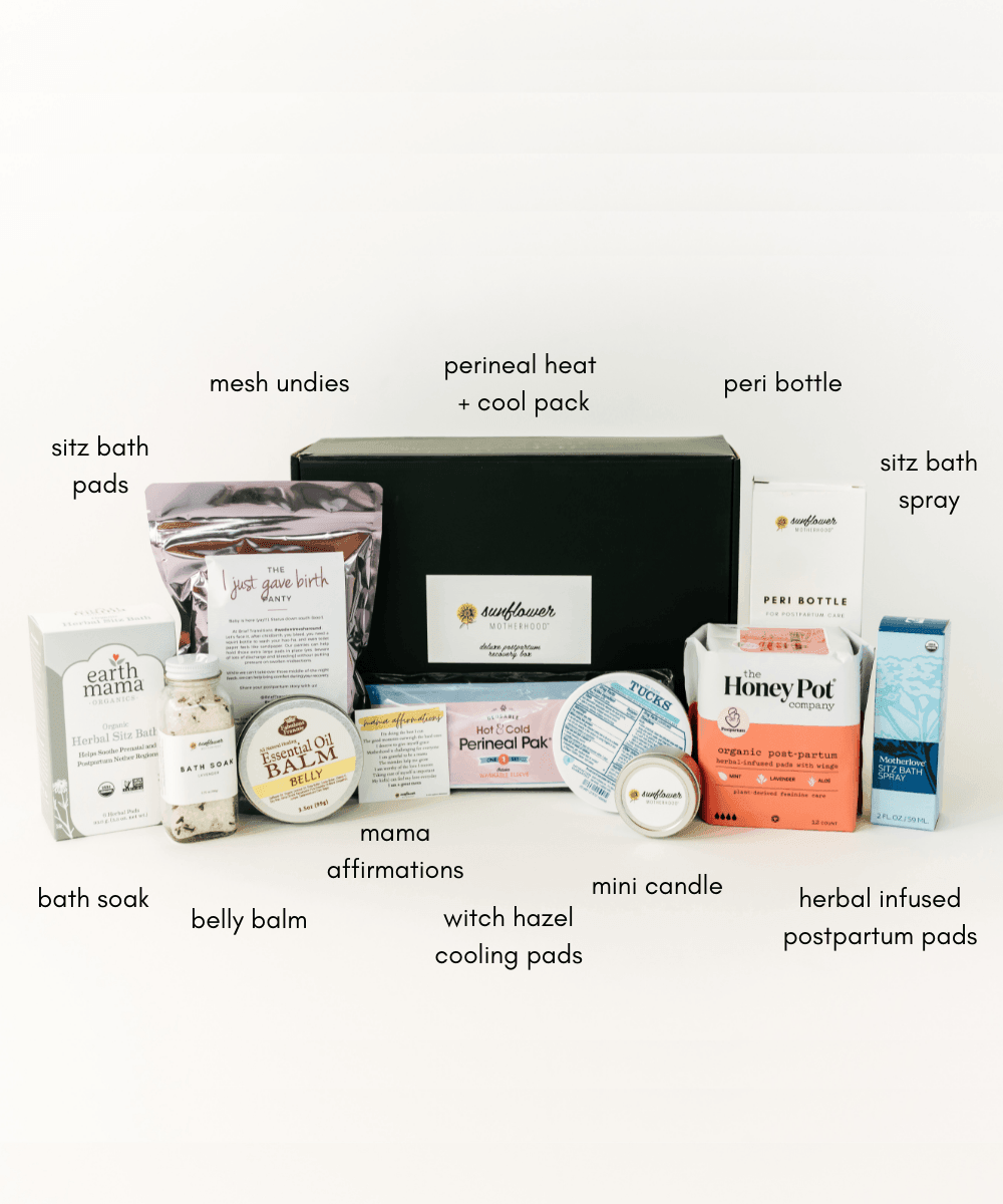 Deluxe Postpartum Recovery Box for new moms, featuring essential baby gift items for soothing and support.