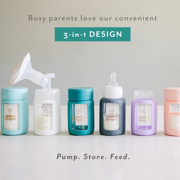 Set of 2 glass breast milk bottles, angled view, perfect for safe breast milk storage.