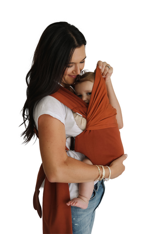 Simple Wrap in Clay, angle view, perfect for comfortable baby carrying. Final sale on this stylish wrap carrier.