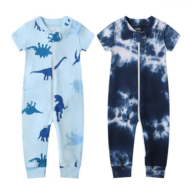 100% Organic Cotton Zip Footless Short Sleeve Pajamas in Blue Dinosaur & Tie Dye Dark Navy for babies.