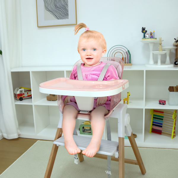 Clover Baby High Chair in indoor setting, angle 3 view showcasing its design and functionality.