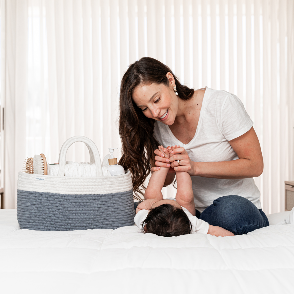 Rope Diaper Caddy in Pacific Blue for stylish baby organization and storage.