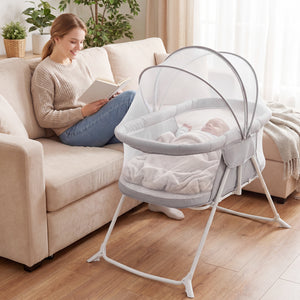 2 in 1 Baby Bassinet with Rocking Motion Foldable Bedside Sleeper with Breathable Mesh