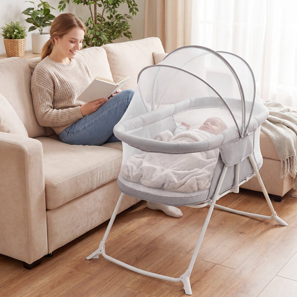 2 in 1 Baby Bassinet with Rocking Motion Foldable Bedside Sleeper with Breathable Mesh