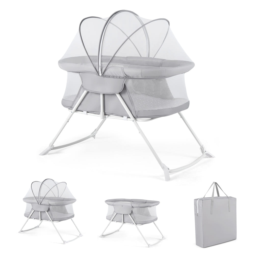 2 in 1 Baby Bassinet with Rocking Motion Foldable Bedside Sleeper with Breathable Mesh