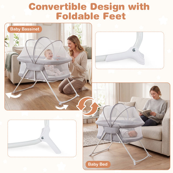 2 in 1 Baby Bassinet with Rocking Motion Foldable Bedside Sleeper with Breathable Mesh