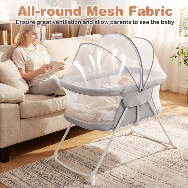 2 in 1 Baby Bassinet with Rocking Motion Foldable Bedside Sleeper with Breathable Mesh