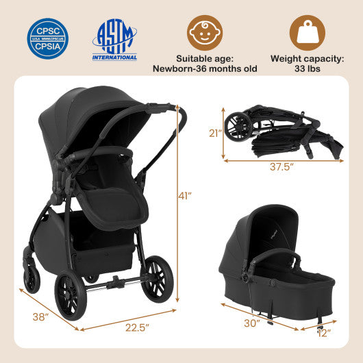 2-in-1 Baby Stroller with Bassinet Mode and Reversible Seat-Black
