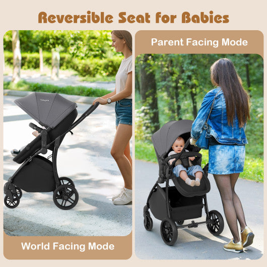 2-in-1 Baby Stroller with Bassinet Mode and Reversible Seat-Gray