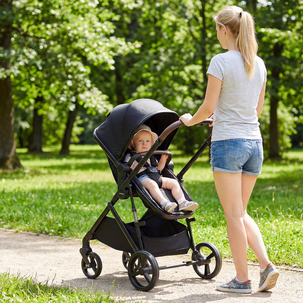 2 in 1 Baby Stroller with Bassinet Mode, high landscape, reversible seat, and canopy, shown from angle 9.