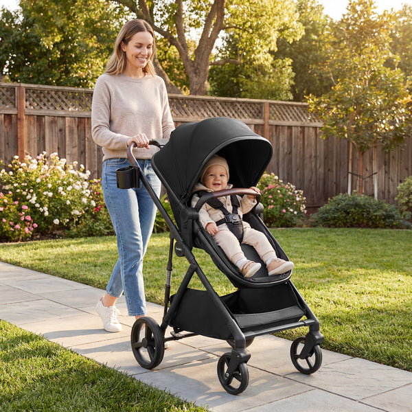 2 in 1 baby stroller with bassinet mode, high landscape, reversible seat, and canopy, angled view.