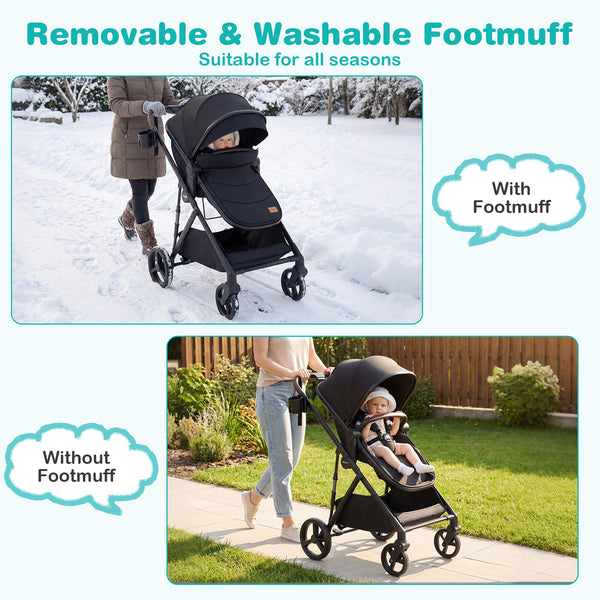 2 in 1 baby stroller with bassinet mode, high landscape, reversible seat, and canopy at a 15-degree angle.