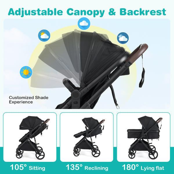 2 in 1 baby stroller with bassinet mode, high landscape, reversible seat, and canopy, viewed at angle 16.