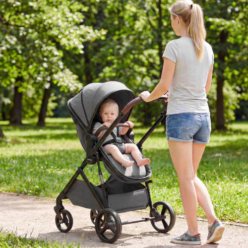2 in 1 Baby Stroller with Bassinet, reversible seat, and canopy in high landscape, angled view. Perfect for infants.