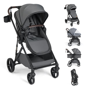 2 in 1 baby stroller with bassinet mode, high landscape, reversible seat, and canopy, shown from angle 3.