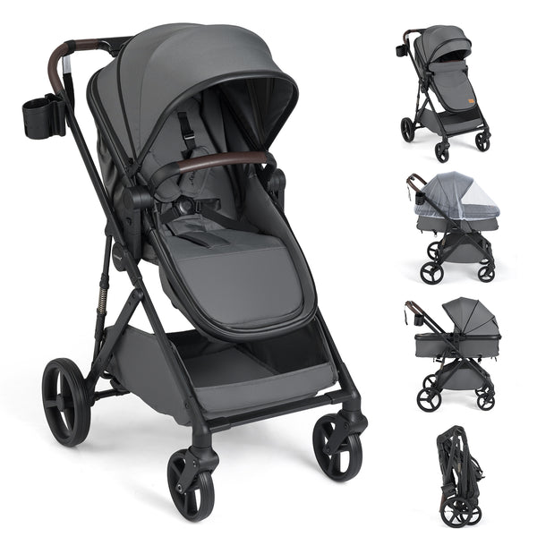 2 in 1 baby stroller with bassinet mode, high landscape, reversible seat, and canopy, shown from angle 3.