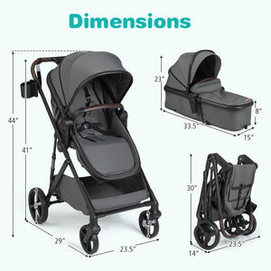 2 in 1 Baby Stroller with Bassinet, high landscape, reversible seat, and canopy, shown from angle 4.