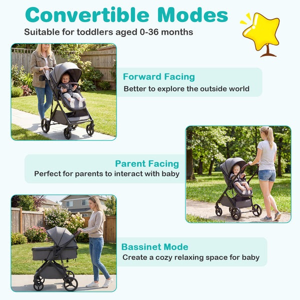 2 in 1 Baby Stroller with Bassinet, reversible seat, and canopy in high landscape mode, viewed from angle 6.