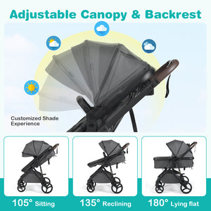 2 in 1 Baby Stroller with Bassinet, high landscape, reversible seat, and canopy, shown from angle 7.