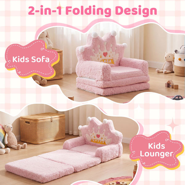 2-in-1 Foldable Kids Sofa Bed with Washable Removable Slipcover for Toddlers-Pink