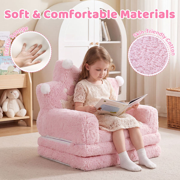 2-in-1 Foldable Kids Sofa Bed with Washable Removable Slipcover for Toddlers-Pink