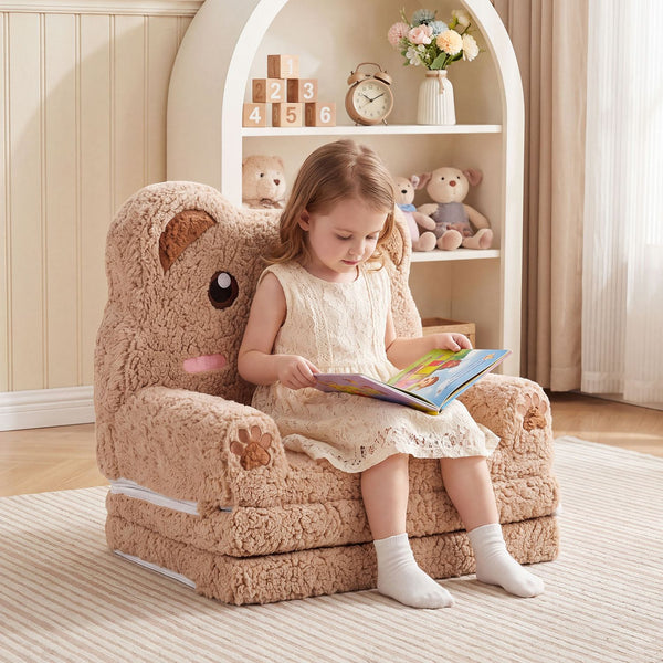 2-in-1 Foldable Kids Sofa Bed with Washable SlipcoverBear and Printed Designs for Toddlers-Brown