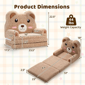 2-in-1 Foldable Kids Sofa Bed with Washable SlipcoverBear and Printed Designs for Toddlers-Brown