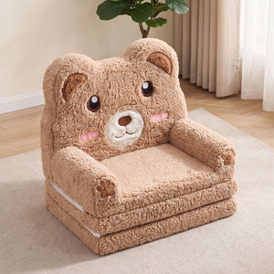 2-in-1 Foldable Kids Sofa Bed with Washable SlipcoverBear and Printed Designs for Toddlers-Brown