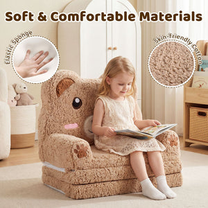 2-in-1 Foldable Kids Sofa Bed with Washable SlipcoverBear and Printed Designs for Toddlers-Brown