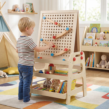2-in-1 Kids Art Easel with Magnetic Whiteboard and Marble Run Game-Natural