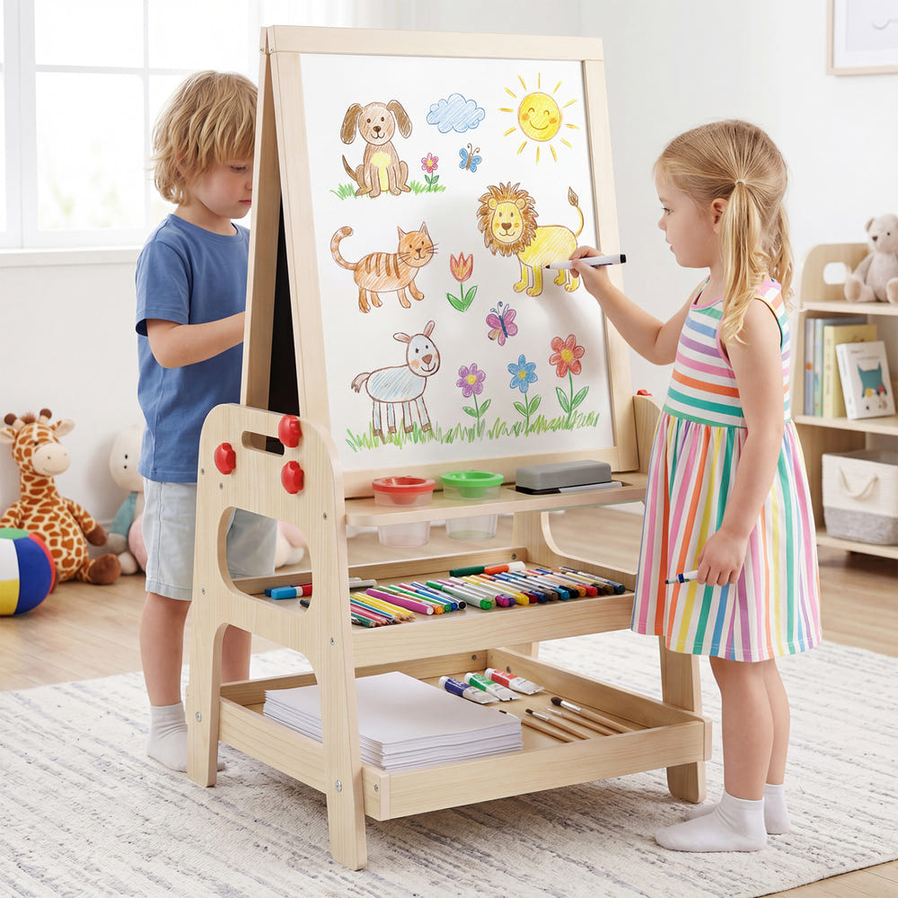 2-in-1 Kids Art Easel with Magnetic Whiteboard and Marble Run Game-Natural