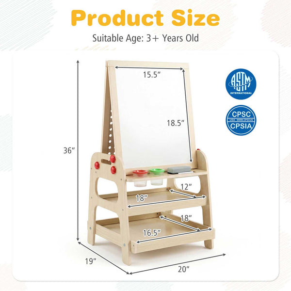 2-in-1 Kids Art Easel with Magnetic Whiteboard and Marble Run Game-Natural