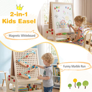2-in-1 Kids Art Easel with Magnetic Whiteboard and Marble Run Game-Natural